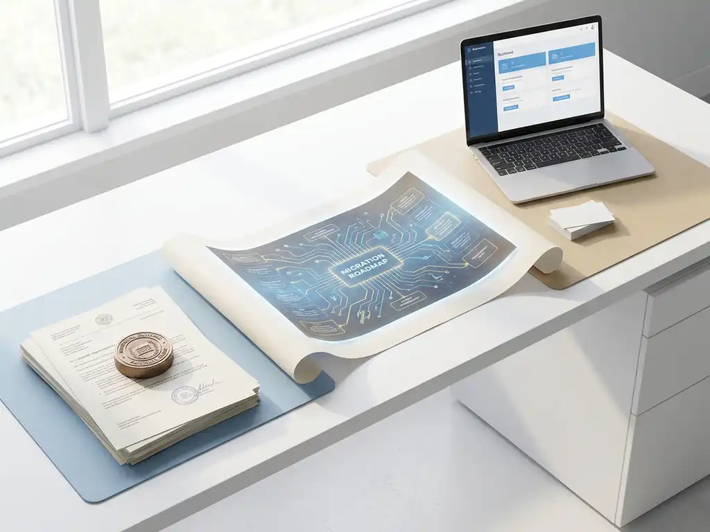 Moderner Büroschreibtisch mit Behördendokumenten, kommunalem Siegel-Briefbeschwerer und Firmenlaptop, verbunden durch einen Migrations-Fahrplan im Sonnenlicht.