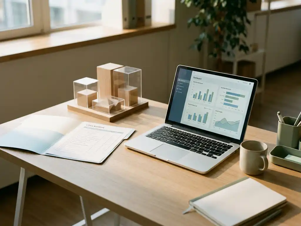 Moderner Schreibtisch mit geöffnetem Compliance-Ordner, Laptop-Dashboard und Architekturmodell im natürlichen Tageslicht.