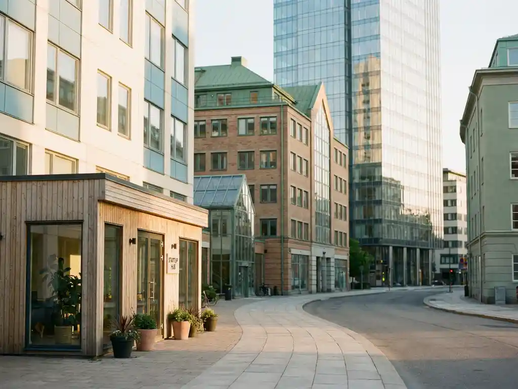 Sonnenbeschienene Stadtstraße mit Bürogebäuden vom kleinen Startup-Büro bis zum gläsernen Hochhaus, verbunden durch einen gepflasterten Weg.