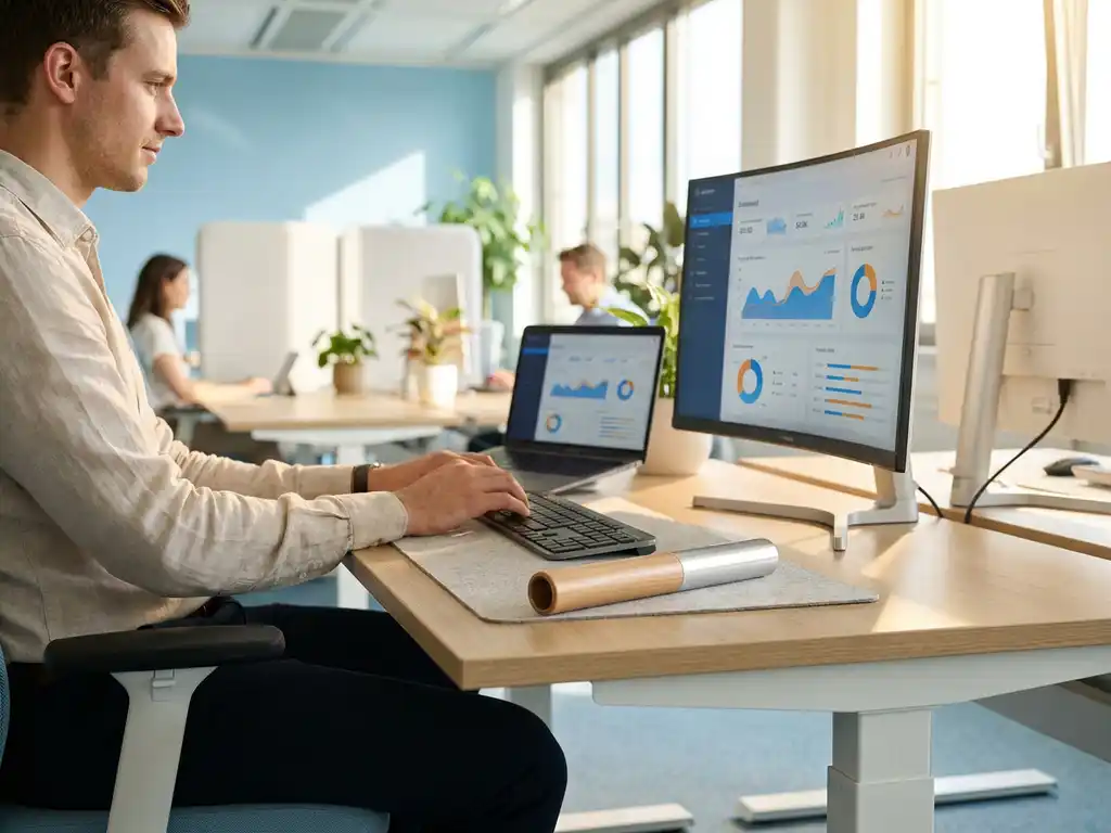 Geschäftsmann arbeitet ruhig an modernem Workstation mit Live-Dashboard auf zweitem Monitor; Staffelstab liegt symbolisch auf dem Schreibtisch.