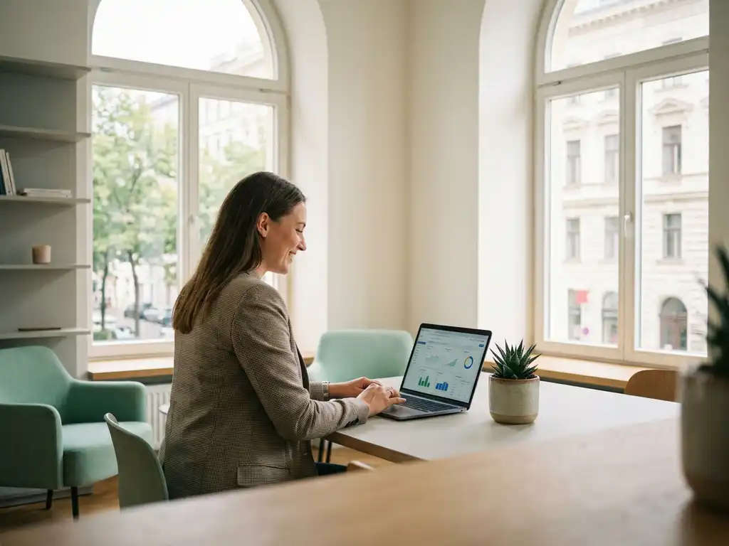 IT-Berater analysiert Dashboard-Analysen auf einem Laptop in einem modernen Wiener Büro mit natürlichem Tageslicht und kleiner grüner Pflanze.