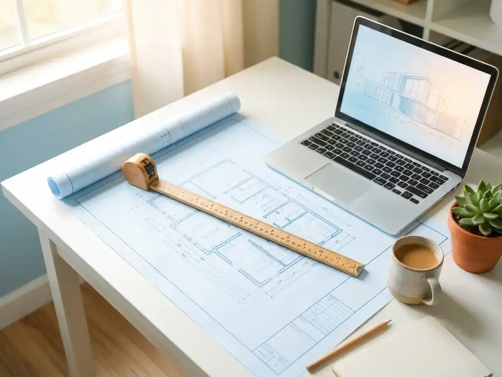 Maßband auf Architekturzeichnung neben aufgeklapptem Laptop und grüner Pflanze, Draufsicht im hellen Tageslicht.