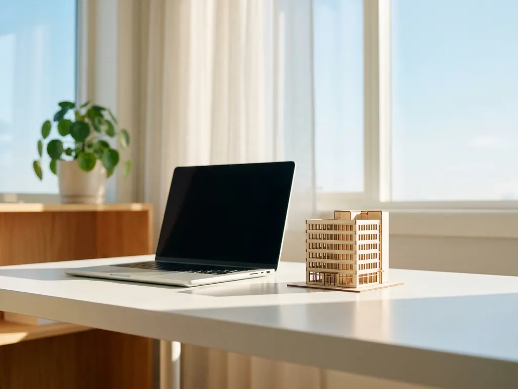Moderner Laptop auf weißem Schreibtisch neben Architekturmodell eines Bürogebäudes, Zimmerpflanze im Hintergrund, warmes Tageslicht.