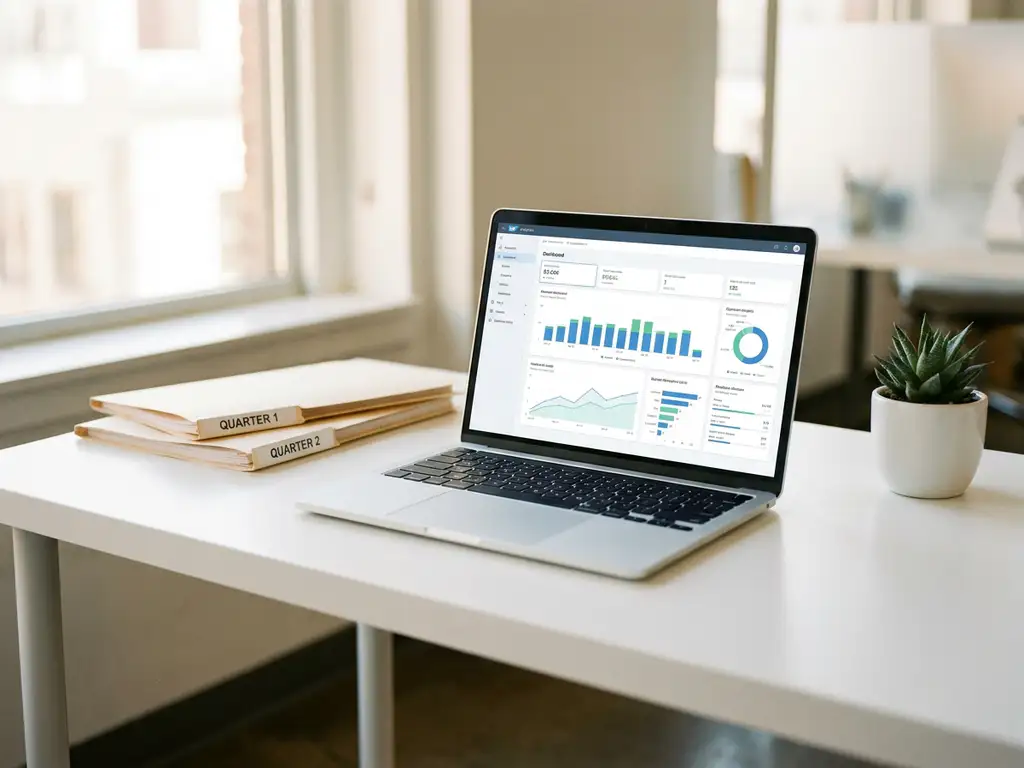 Laptop mit SAP-Dashboard auf modernem weißem Schreibtisch, zwei gestapelte Ordner daneben, kleine grüne Topfpflanze im Hintergrund.