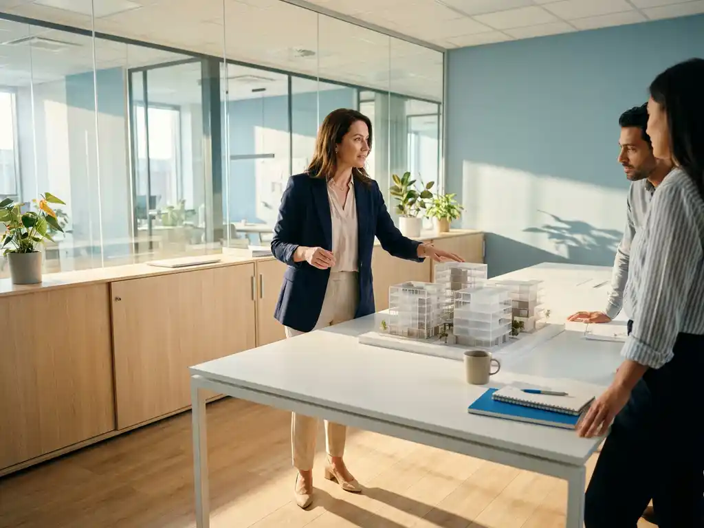 Projektmanagerin koordiniert architektonisches Gebäudemodell auf weißem Tisch in modernem Glasbüro bei natürlichem Tageslicht.