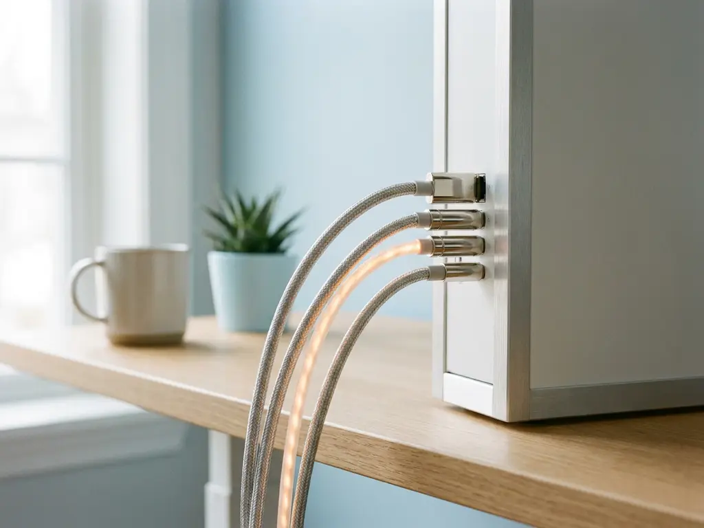 Silberne Netzwerkkabel in weißem Serverpanel, ein Kabel leuchtet warm und signalisiert aktiven Datenfluss, flache Schärfentiefe.
