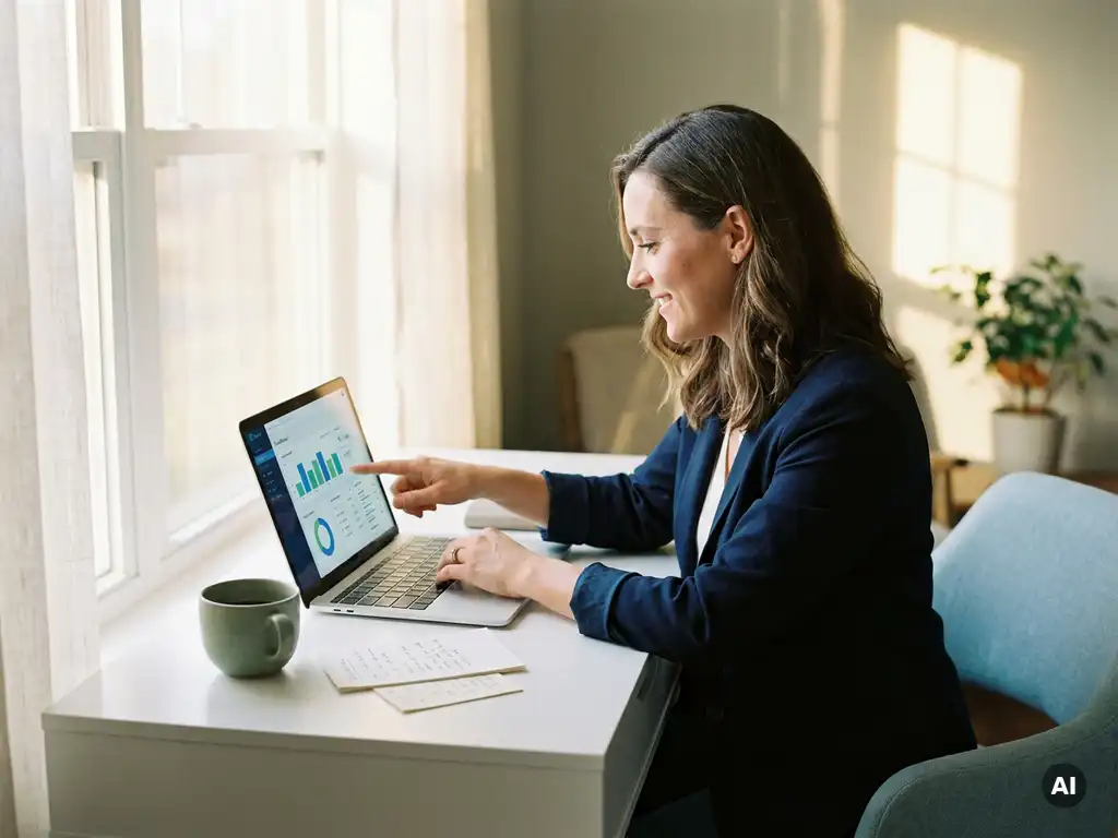 Berater analysiert Performance-Dashboard auf schlankem Laptop an modernem weißen Schreibtisch mit natürlichem Seitenlicht.