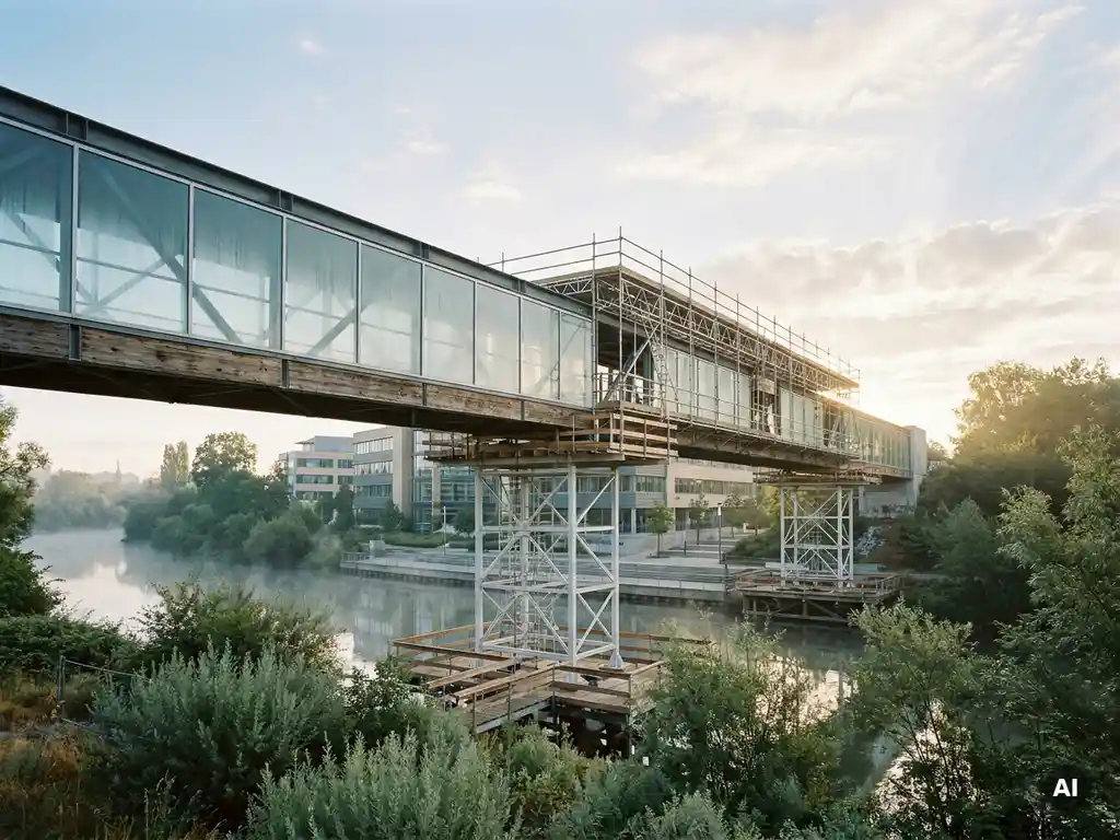 Gläserne Brücke über ruhigen Fluss mit Baugerüst, umgeben von sattem Grün im weichen Morgenlicht.