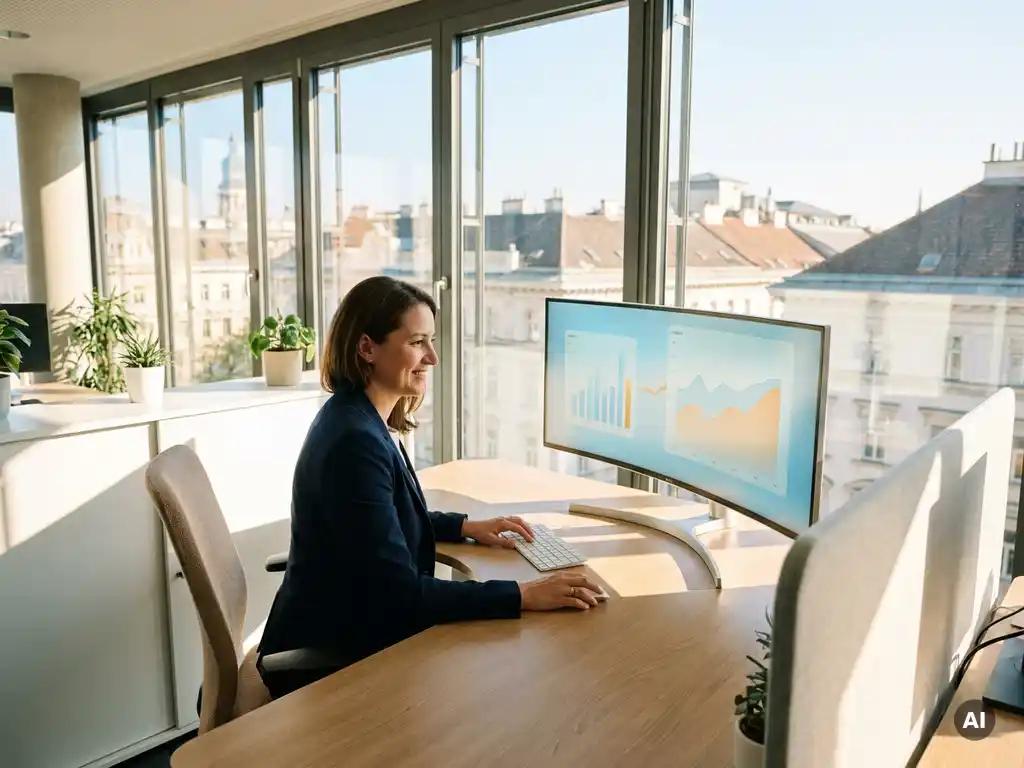 Fachkraft analysiert leuchtende Daten-Dashboards auf Ultrawide-Monitor in modernem Wiener Büro mit Panoramafenstern und Stadtblick.
